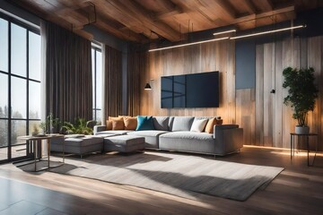 Wooden theme with grey sofa. AI-Generated