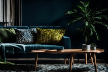 Dark blue sofa and wall with green plant. AI-Generated
