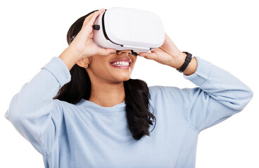 Happy, virtual reality headset and metaverse woman looking at digital world matrix, gaming AI...