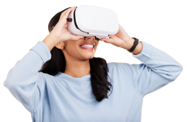 Happy, virtual reality headset and metaverse woman looking at digital world matrix, gaming AI software or simulation. AR experience, future technology and meta person on transparent, png background