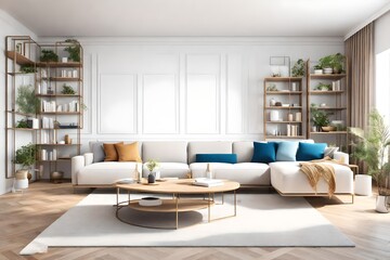 Modern living room with white sofa and blue pillow. AI-Generated