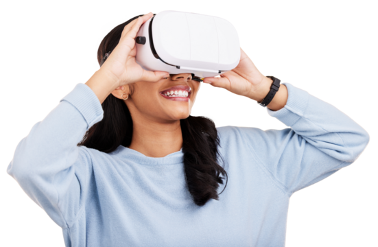 Happy, virtual reality headset and metaverse woman looking at digital world matrix, gaming AI software or simulation. AR experience, future technology and meta person on transparent, png background