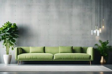 light green sofa with grey wall living room interior design. AI-Generated