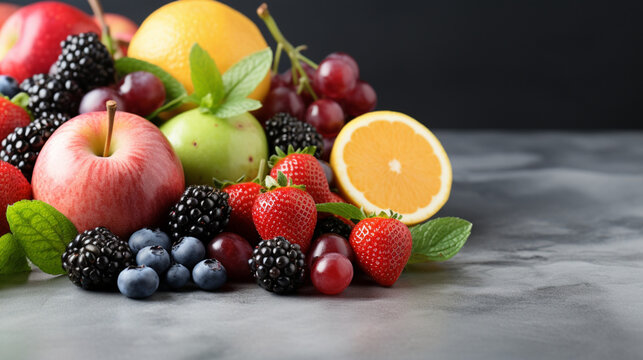 Fresh organic fruits lineup isolated on background, copy space