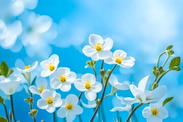 white spring flowers on blue background. AI-Generated