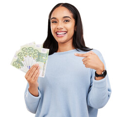 Happy woman, portrait and pointing to money for bonus, winning or salary isolated on a transparent...