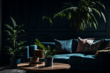 Dark theme for modern living room. AI-Generated