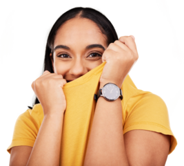 Portrait, happy and shy woman in studio hiding face on isolated, transparent and png background. Embarrassed, smile and cute female cover reaction, expression and body language, introvert or sweet