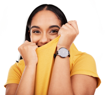 Portrait, happy and shy woman in studio hiding face on isolated, transparent and png background. Embarrassed, smile and cute female cover reaction, expression and body language, introvert or sweet