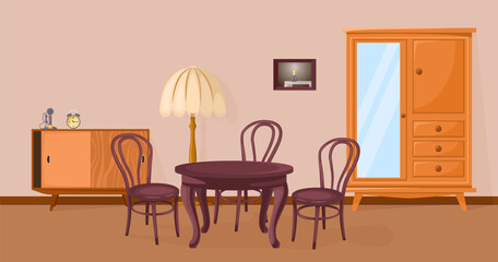 Antique furniture in living room vector illustration. Wooden table, chairs, wardrobe and floor lamp, vintage clock and telephone on drawer. History, culture, interior design concept