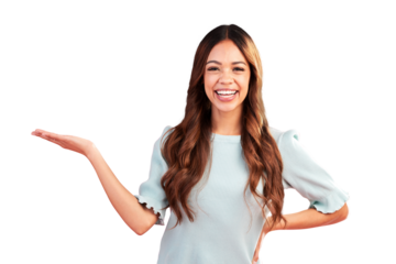 Happy woman, palm space and portrait, smile and isolated on a transparent png background and promo. Face, advertising and person with product placement for promotion, mockup hand and presentation
