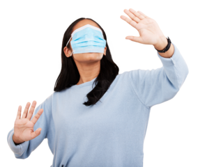 Covid, blindfold face mask and woman for medical, crazy and healthcare on png or transparent background. Comic, funny and isolated female with protection for vaccine, virus and pandemic safety
