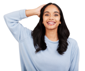 Young woman, hair and beauty, happy in portrait and satisfaction with smile on png or transparent background. Happiness, fashion and isolated Indian female for haircare cosmetics, growth and shine