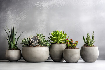 succulents in pots on a grey concrete background, in the style of minimalist abstracts. minimalist background with various succulents on a painted white wooden desk, recycled, copyspace - Powered by Adobe