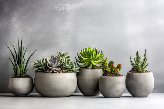 succulents in pots on a grey concrete background, in the style of minimalist abstracts. minimalist background with various succulents on a painted white wooden desk, recycled, copyspace
