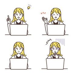 ノートパソコンで仕事をする女性のイメージイラストセット