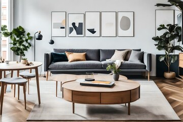 modern living room with sofa, table, and mockup wall. AI-Generated