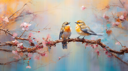  happy cute bird in flower blossom atmosphere golden oil paint abstract art
