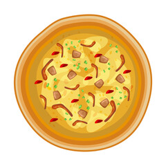 Tasty pizza with ingredients vector illustration. Top view of pizza isolated on white background. Fast food, diet concept