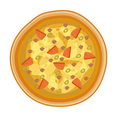 Tasty pizza with pieces of meat and olives vector illustration. Top view of pizza isolated on white background. Fast food, diet concept