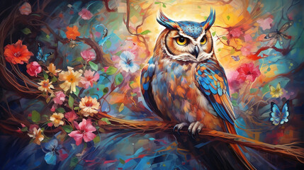  happy cute bird in flower blossom atmosphere golden oil paint abstract art