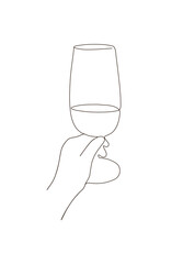 A close-up of modern line art of a woman's hand holding a glass of alcohol drink. Simple elegance. Outline contour drawing for bar restaurant. New year christmas aniversary party.