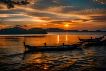 boat, sunset and river