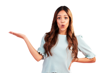 Wow, woman and palm space in portrait isolated on a transparent png background for marketing. Face, advertising and person with product placement for promotion surprise, mockup hand and presentation