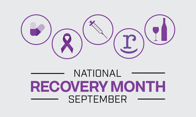 National Recovery Month design with drug, alcohol, pill, teal ribbon and r symbol. Vector illustration