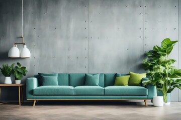 Green sofa and grey wall. AI-Generated