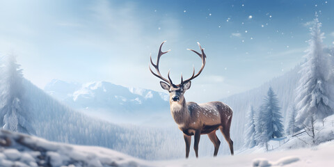 Deer in in a beautiful winter landscape. Snowflakes Mountain Scene. Blue Sky Illustration Background 