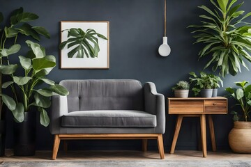 modern living room with grey sofa and wall. AI-Generated