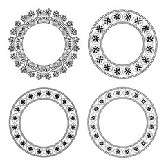 Set of circle outline round flower pattern frames for colouring book page, doodle ornament in black and white, hand draw vector illustration.
