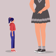 Concept Of A Fearful Teenage Girl Being Warned And Threatened By A Big Girl Bullies. Flat Design Style, Character, Cartoon.