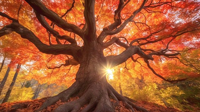 紅葉する大木と太陽の光の秋のイメージイラスト