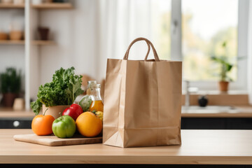 Grocery shopping app and grocery bag full of goods: online grocery shopping and home delivery concept.Generative ai
