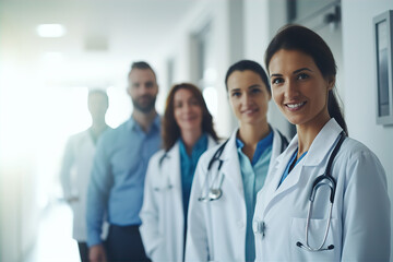 Group of modern doctors standing as a team with arms crossed in hospital corridor