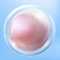 Round glass button inside pearl pink molecule. isolated on a blue background. 3d vector illustration.