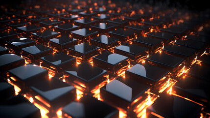 Obraz premium 3d rendering of abstract geometric composition with glowing cubes in empty space. Generative AI