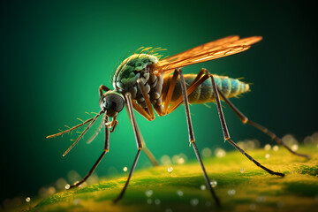 Mosquito close-up on a green background. 3d rendering. Generative AI