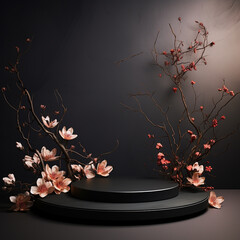 Dark elegant podium scene for product presentation with realistic decorative flowers and branches still life style. professional product display placement template. Made with generative ai - obrazy, fototapety, plakaty