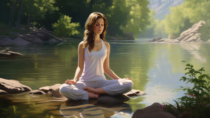 Woman meditates in peace in the outdoors. Serene quiet by a stream. Yoga by a lake