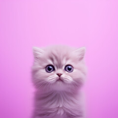 Feeling pawsitively,  pink-tastic. Cute puffy kitty on a pastel purple background. Generative AI.