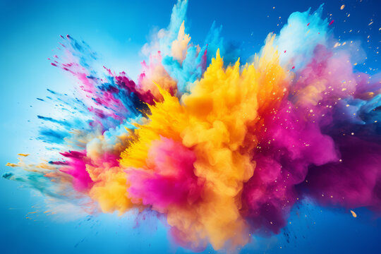 Colored powder explosion. Colorful rainbow holi paint splash on the background of a sunny blue sky. Hindu festival of colors. Generative AI.