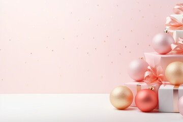 Christmas and New Year in Pastel Pink Perfection. Minimal bacground. Generative AI.