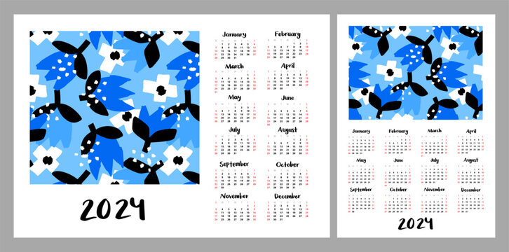 Calendar layout for 2024. Marine illustration with octopuses and fish. Vertical and horizontal layouts for A4, A5 printing