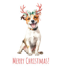 Watercolor Christmas jack russell terrier dog. Xmas dog in Sants hat. Merry Christmas jack russell terrier. AI generated.