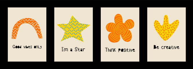 Hand drawn Y2K naive motivation posters. Vector colorful doodle creative cards, t-shirt prints in 70s groovy retro style