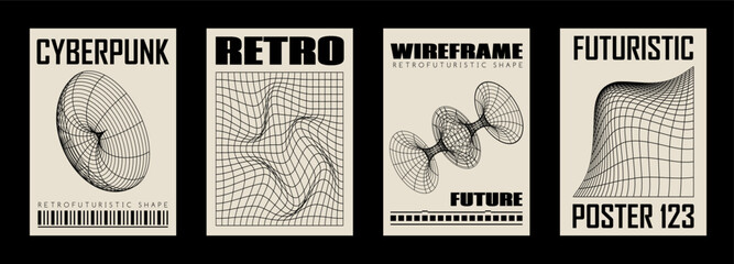 Retro futuristic abstract geometric y2k posters, wall art, t-shirt prints, banners. Wireframe 3d shapes