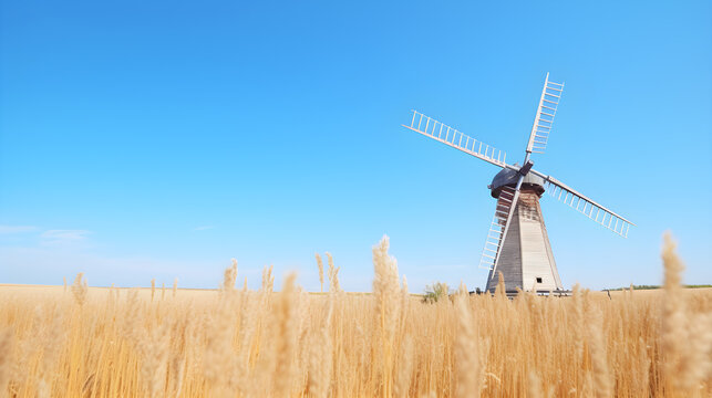 Windmill in the wheat field in sunny day and clear sky Generative AI illustrations